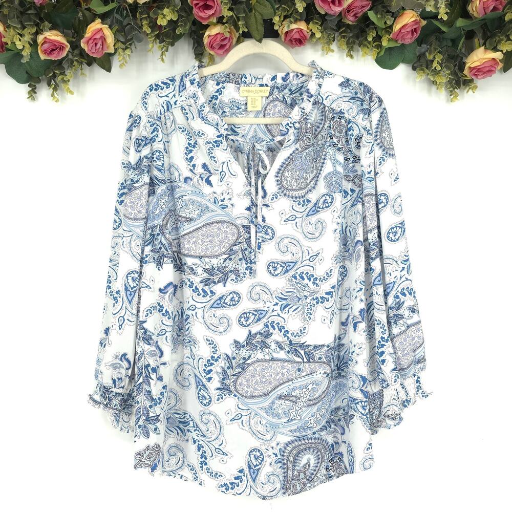 Cynthia Rowley Plus Size Blue Paisley V-neck Peasant Top Size 2X